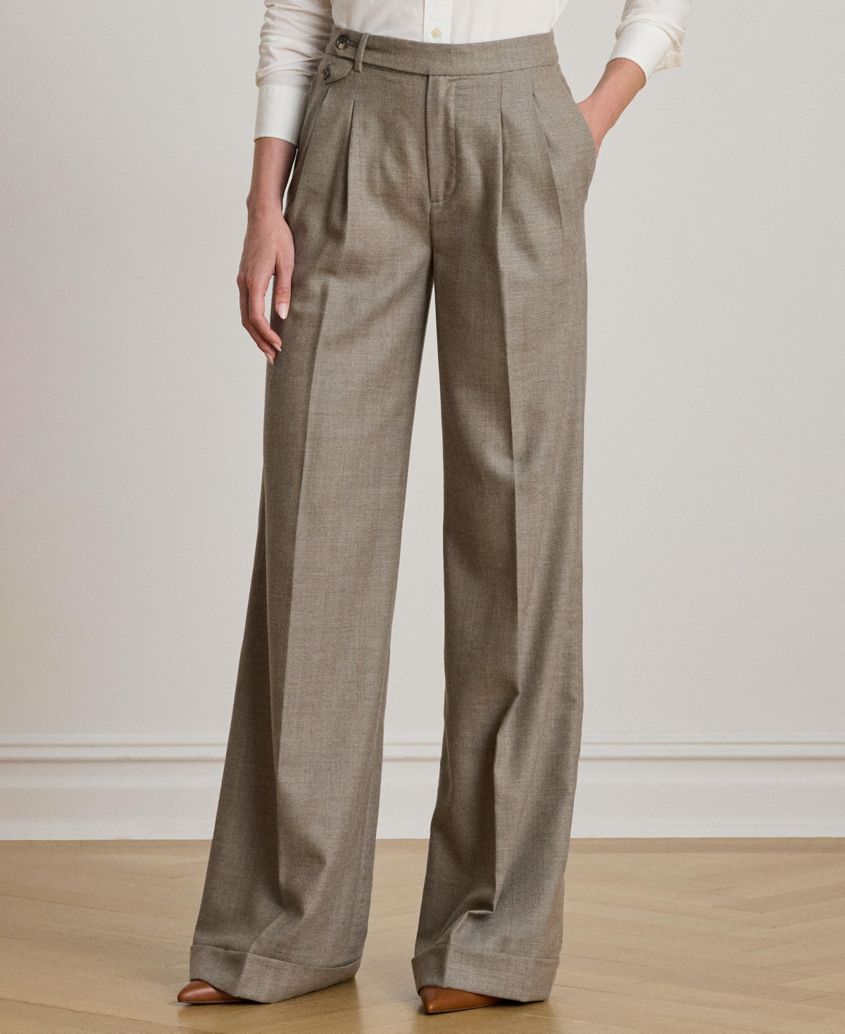 Ralph Lauren Pleated Wool Herringbone Wide-leg Pant In Brown