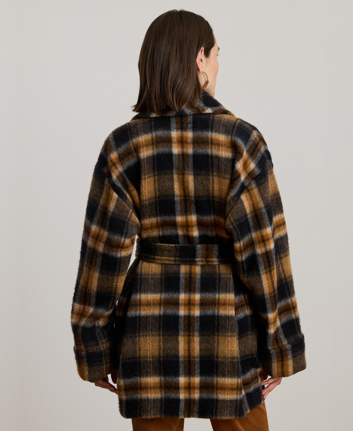 Ralph Lauren Plaid Wool-blend Shawl-collar Wrap Coat In Multi