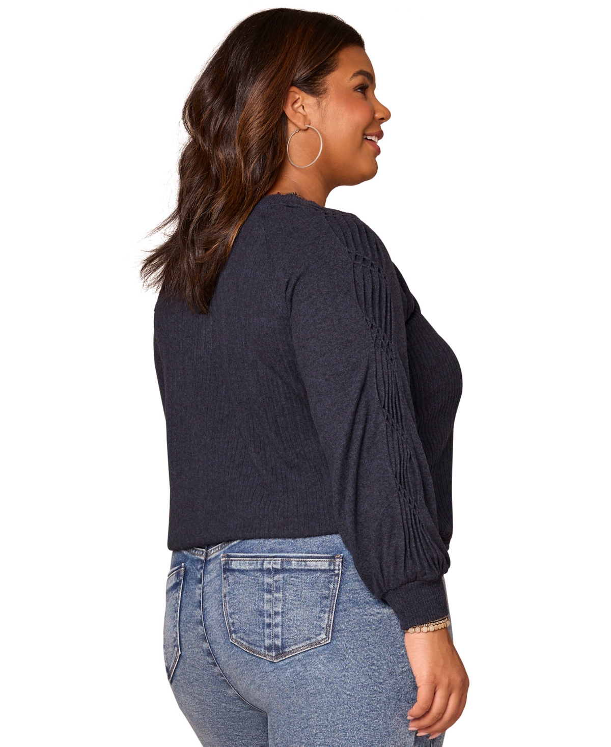 Democracy Plus Size Long Sleeve Cased Hem Knit Top In Blue