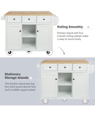 Kitchen Island Cart with Drop Leaf, Rubber Wood Top, 3 Drawers & Internal Racks, Rolling Storage on Wheels