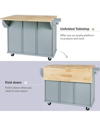 Kitchen Island Cart with Drop Leaf, Rubber Wood Top, 3 Drawers & Internal Racks, Rolling Storage on Wheels