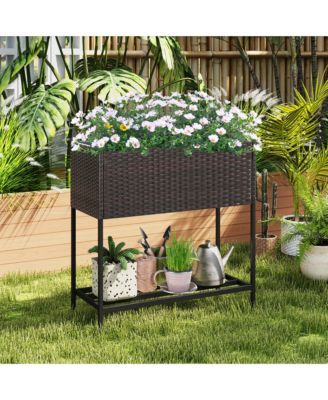 Elevated Planter Box Raised Garden Bed w/ Rattan Surface Bottom Storage Shelf