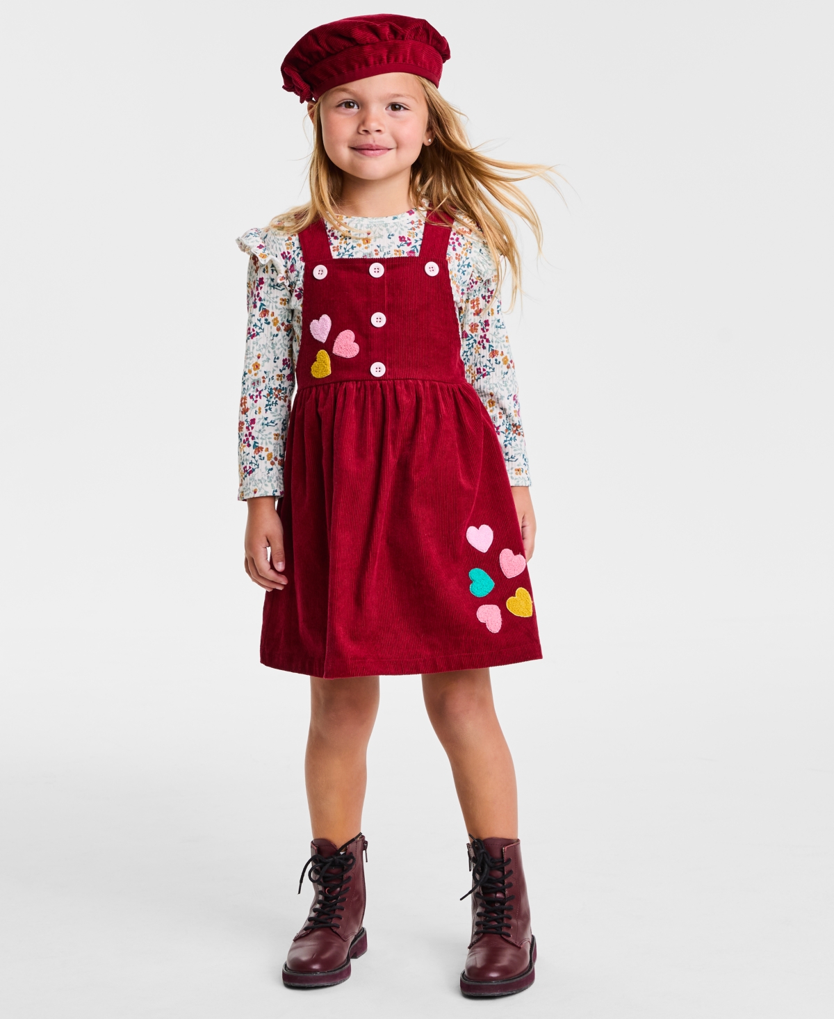 Blueberi Boulevard Girls 2t-6x 2-piece Button Floral Corduroy Top And Jumper Set In Red