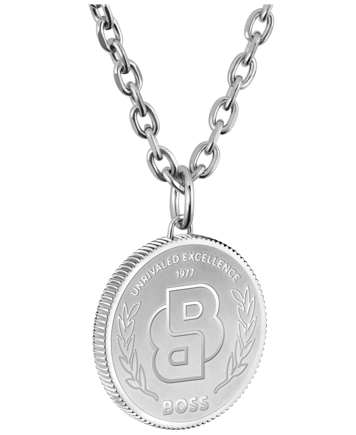 Hugo Boss Double B Coin Ionic Plated Black Stainless Steel Necklace In Silver