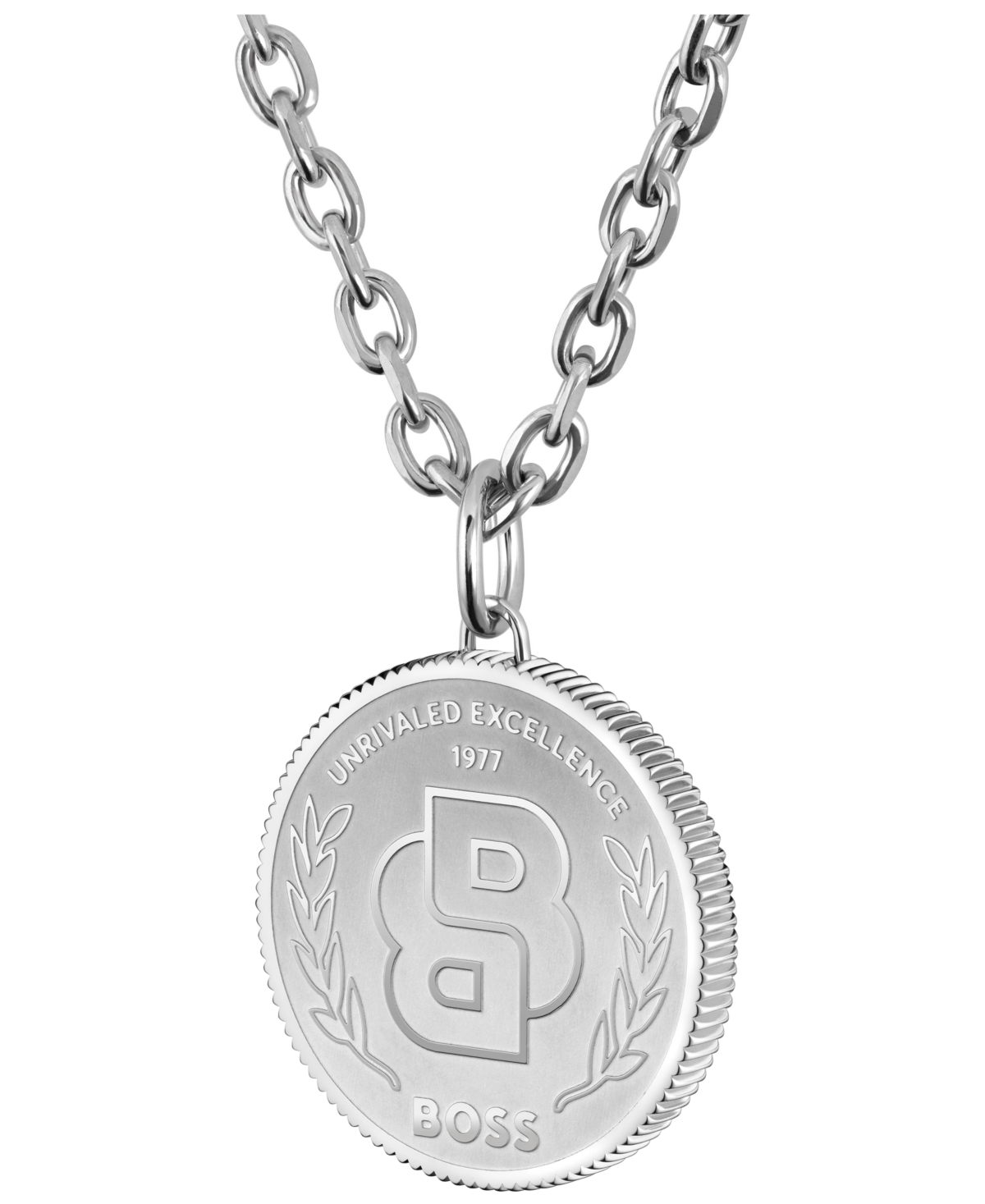 Hugo Boss Double B Coin Ionic Plated Black Stainless Steel Necklace In Silver