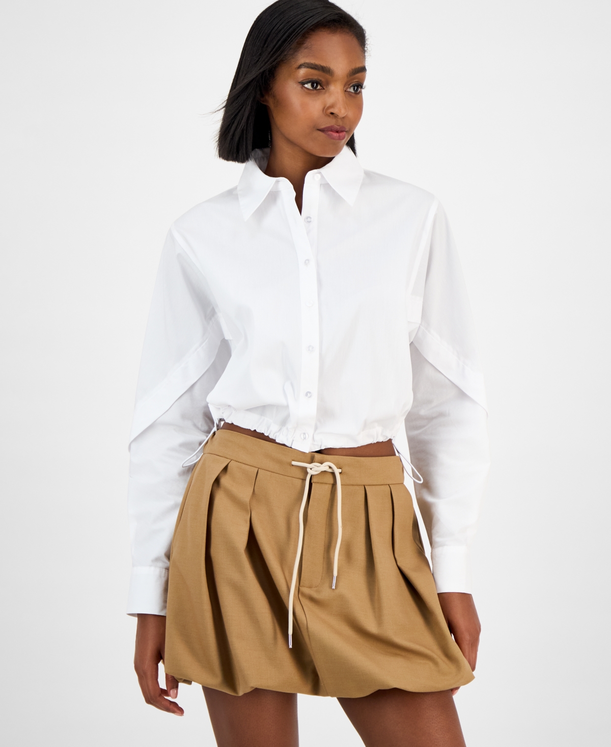 Bar Iii Women's Collared Button-front Cropped Shirt, Macy's Exclusive In White