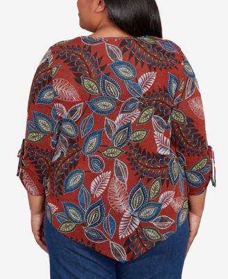Plus Size Sunset Canyon Batik Leaves M&eacute;lange Asymmetrical Top
