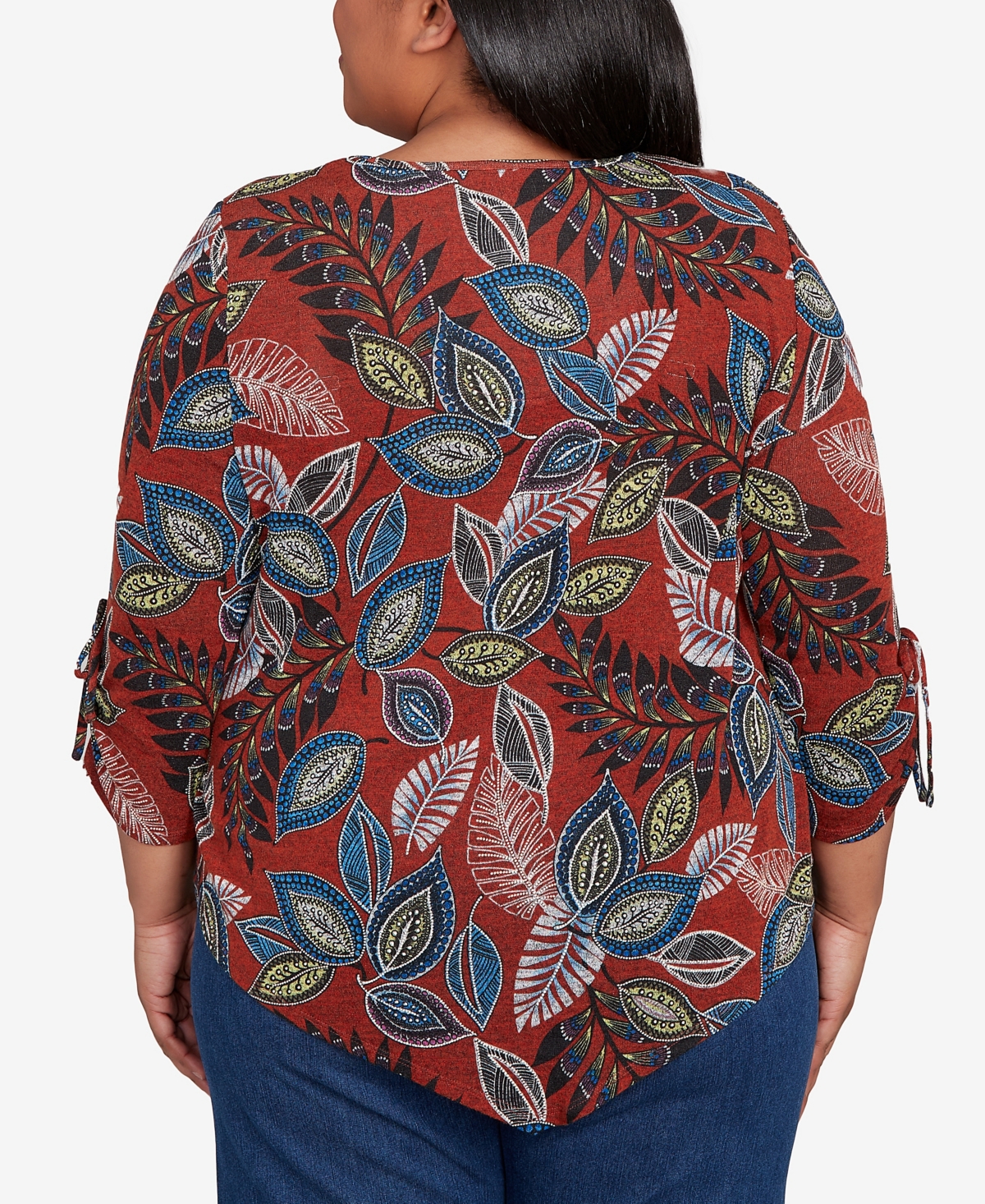 Alfred Dunner Plus Size Sunset Canyon Batik Leaves Melange Asymmetrical Top In Brown