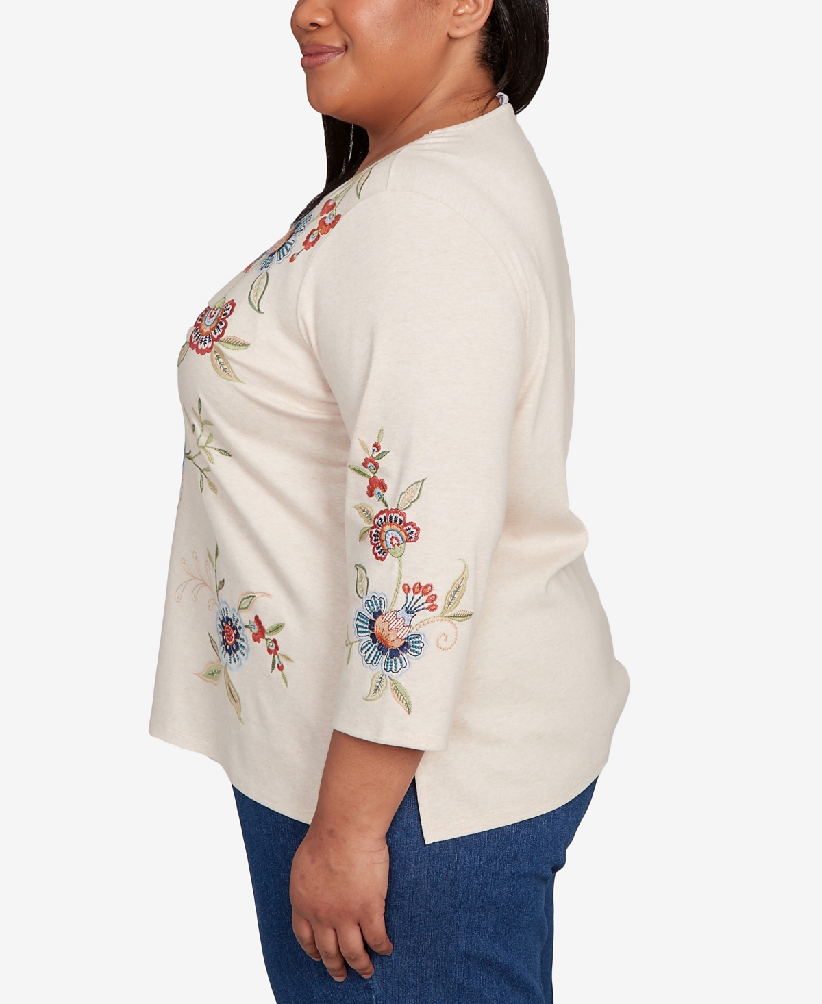 Alfred Dunner Plus Size Sunset Canyon Allover Floral Embroidered Crew Neck Top In Neutral