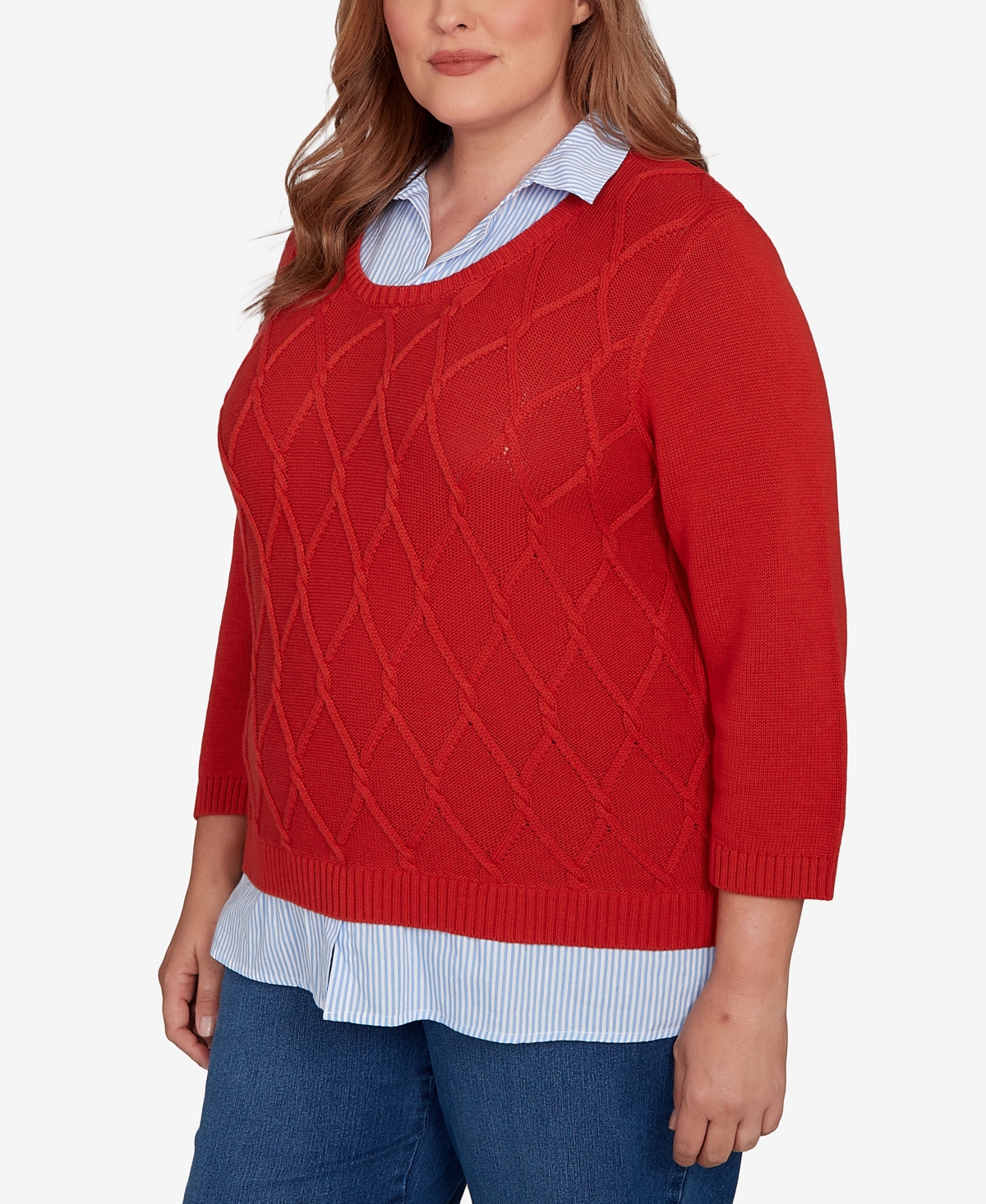 Alfred Dunner Plus Size Sunset Canyon Stitched Cable Stripe Woven Trim Sweater In Red