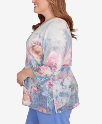 Plus Size Casual Vibe Floral Brushstroke Beaded Split Neck Top