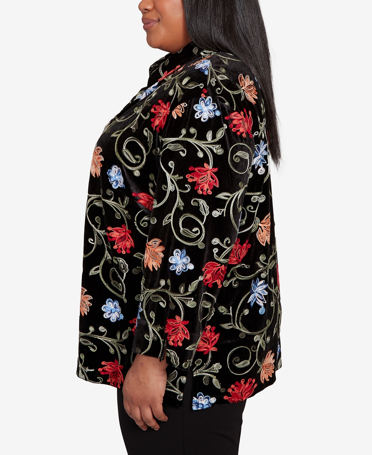 Alfred Dunner Plus Size Jet Setter Rich Velvet Floral Two In One Top With Necklace In Black