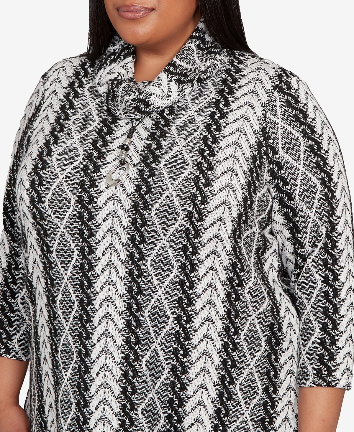 Alfred Dunner Plus Jet Setter Cable Jacquard Knit Top with Necklace