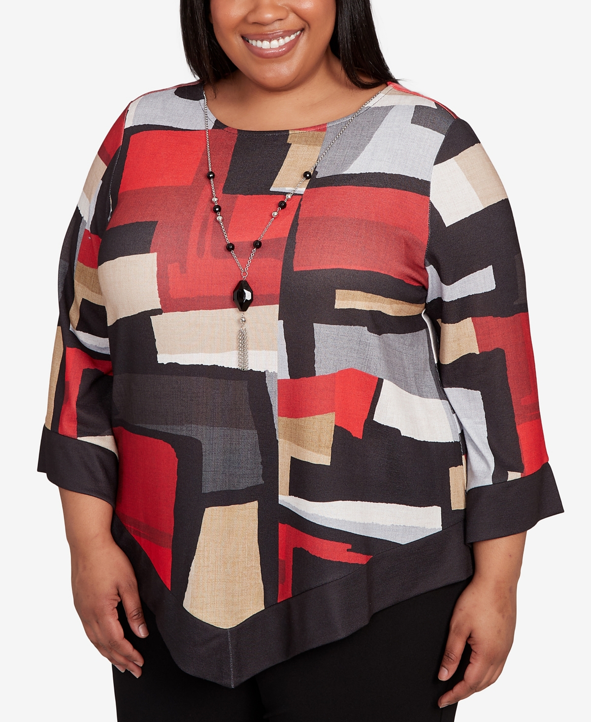Alfred Dunner Plus Jet Setter Knit Colorblock Top with Necklace