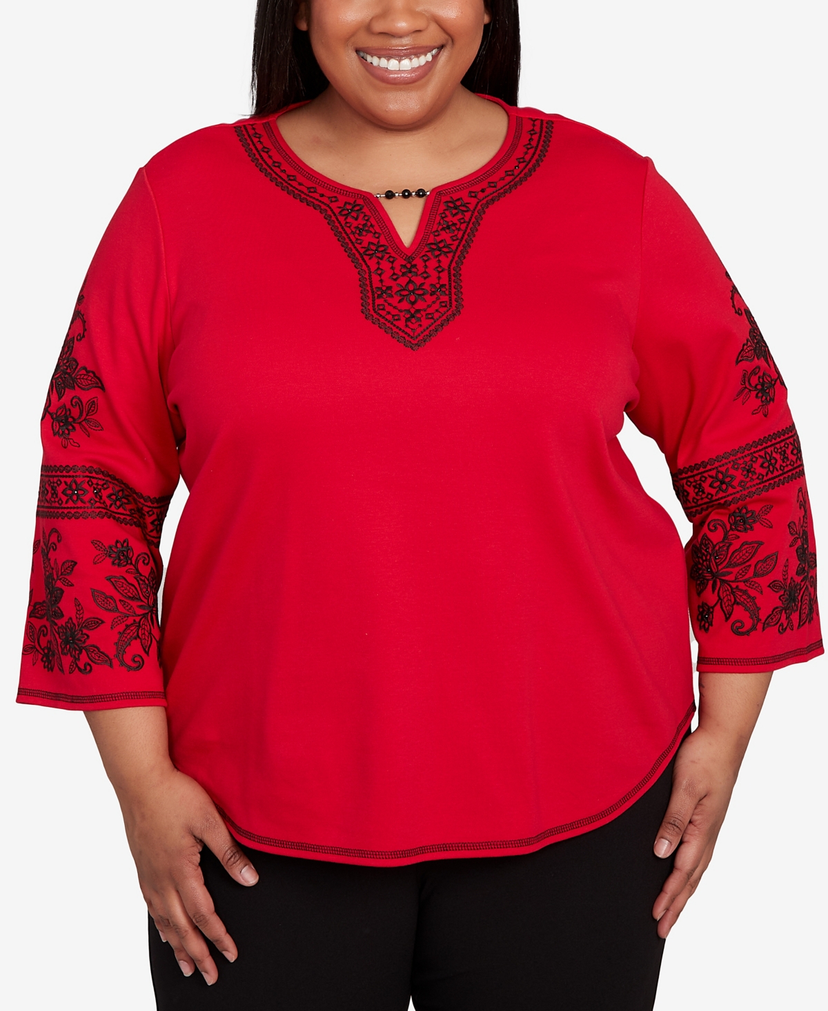 Alfred Dunner Plus Size Jet Setter Knit Embroidered Sleeve Beaded Split Neck Top In Red