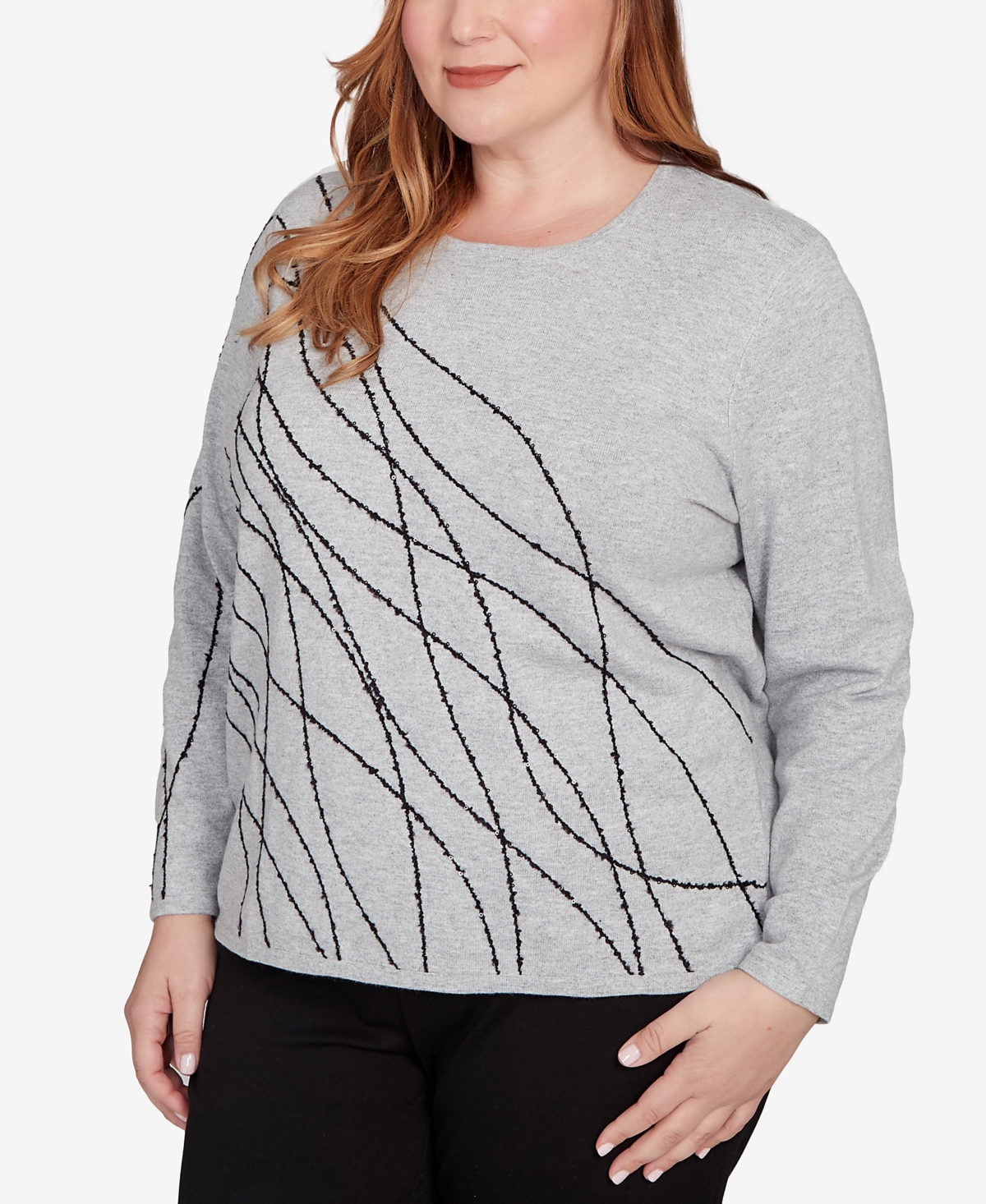 Alfred Dunner Plus Size Jet Setter Abstract Cording Sweater In Gray