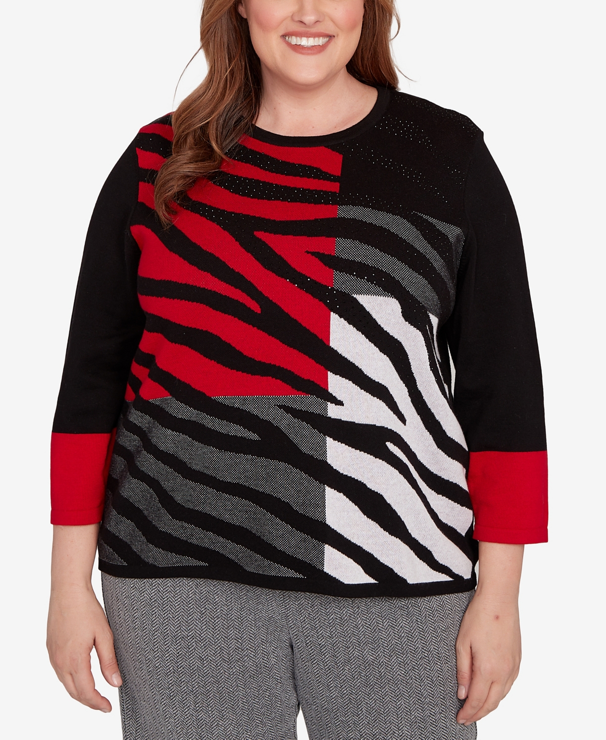 Alfred Dunner Plus Size Jet Setter Zebra Colorblock Long Sleeve Sweater In Multi
