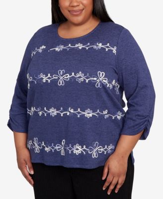 Plus Size Lake Champlain Embroidered Scroll Ruched Sleeve Top