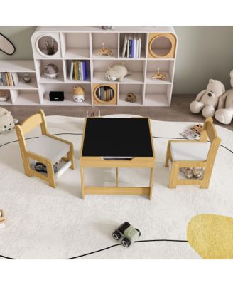 Natural Wood 3-in-1 Kids Study Table and Chairs Set with Detachable Blackboard Top for Drawing