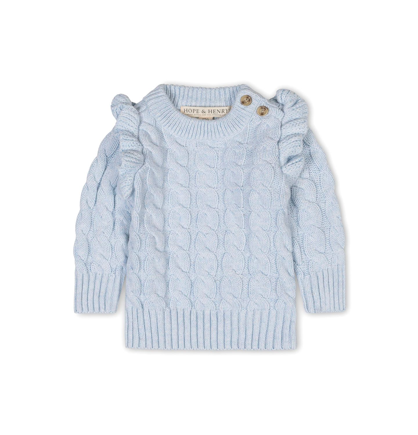 Свитер Hope & Henry Organic Long Sleeve Mock Neck with Ruffle для девочек, цвет: Светлый синий меланжевый — фото 1
