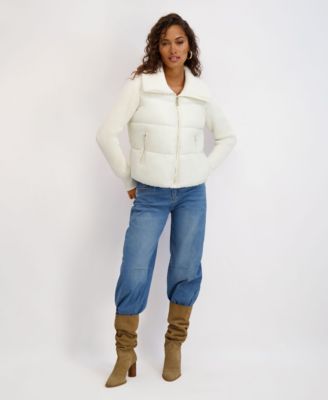Women's Mixed Media Short Puffer with Knit Sleeves & Collar