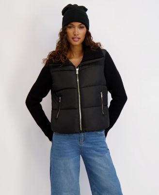 Women's Mixed Media Short Puffer with Knit Sleeves & Collar