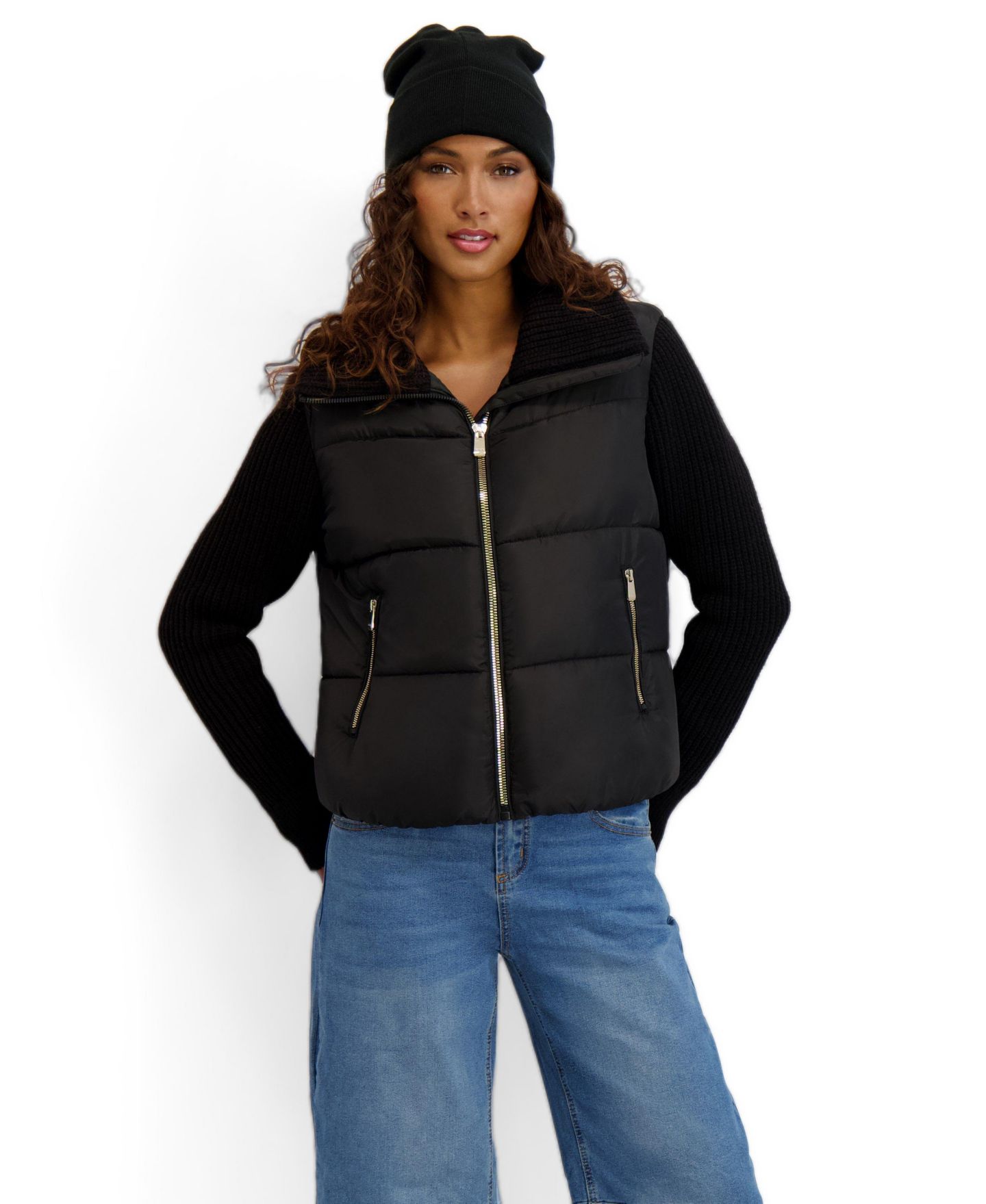 Женская куртка Kensie Mixed Media Short Puffer with Knit Sleeves & Collar, цвет: Чёрный — фото 1