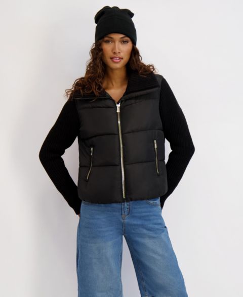 Женские куртки Kensie Women's Mixed Media Short Puffer with Knit Sleeves and Collar