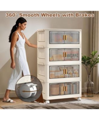 Stackable Storage Bins With Lids, 4-Tier Folding Storage Box,With Doors and Wheels, Collapsible Plastic Storage Bins- for Clothing, Toys