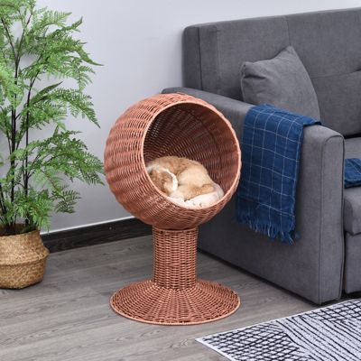 Brown Rattan Egg Chair Cat Bed with Cushion