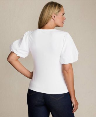 Women's Plus Size Drapey Rib Puff Sleeve Scoop Neck Top