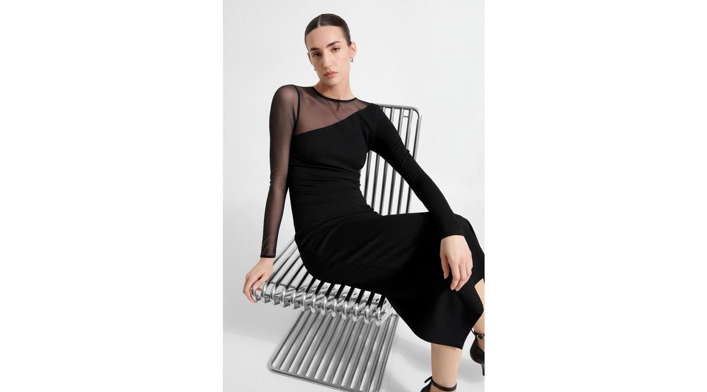 Женское платье Marcella Milo Mesh-Sleeve Column Midi Dress with Back Slit, цвет: Чёрный — фото 5