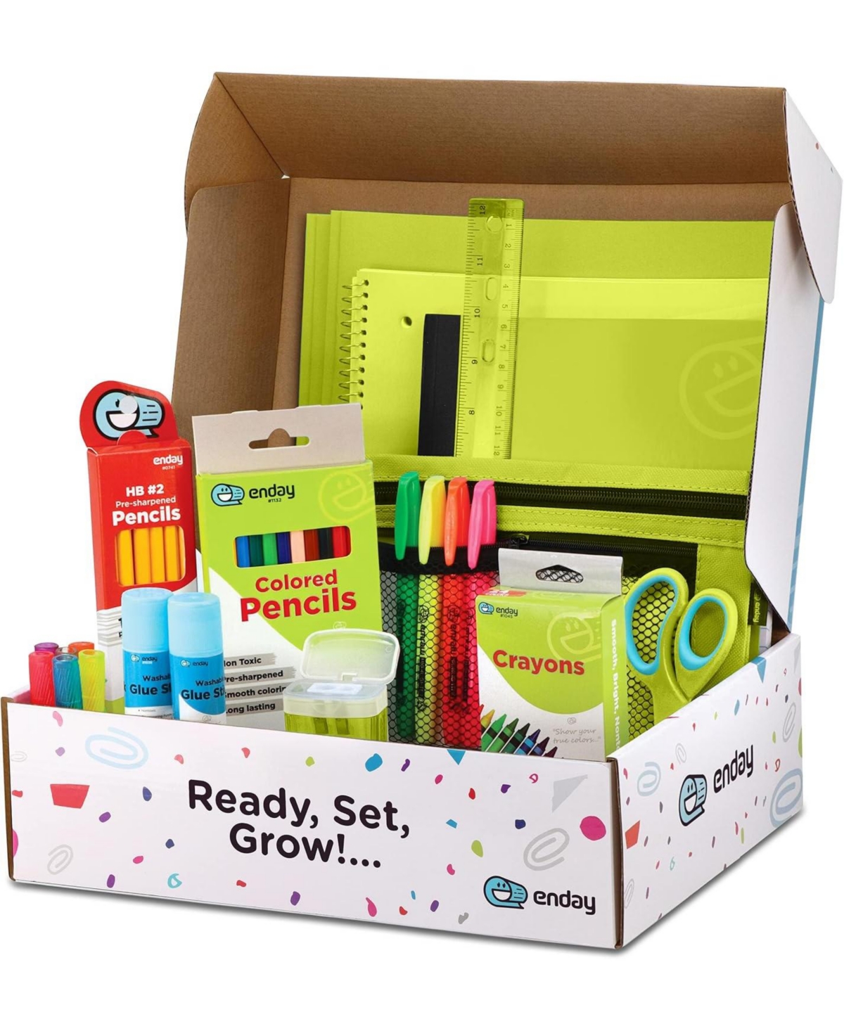 Enday School Supplies Kit for Grades K–5 – 71 Items: Composition Notebook Subject Notebook, Pencils, Folders Colored Crayons, Scissors, Glue