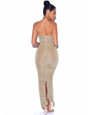 Women The Glint Gold Ruched Chiffon Long Maxi Dress