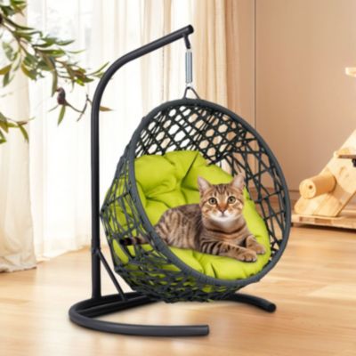 Green Rattan Cat Egg Chair with Stand and Cushion
