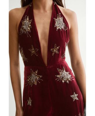 Women's Star Embellished Velvet Halter Jumpsuit