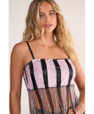 Women's Stripe Sequin Tassel Crop Top