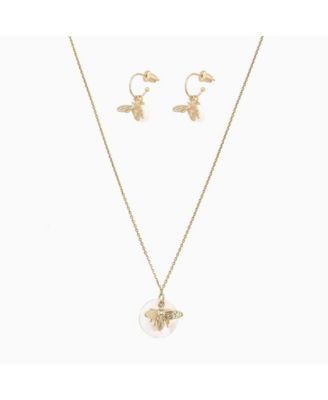 Sterling Plated Bee Cultured Pearl Necklace & Earrings Set
