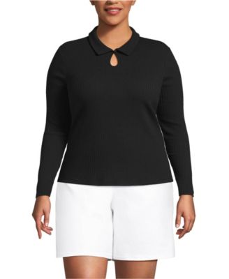 Plus Size Long Sleeve Pointelle Rib Keyhole Polo Top