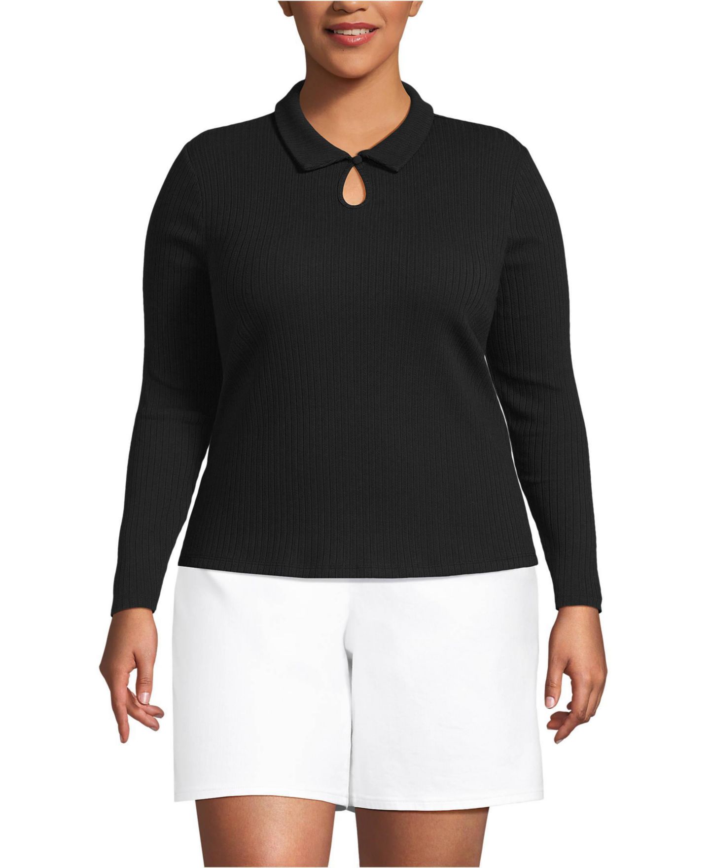 Женский топ Lands' End Plus Size Long Sleeve Pointelle Rib Keyhole Polo, цвет: Чёрный — фото 1