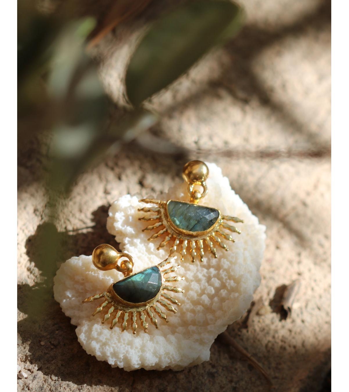 Ottoman Hands Sunrise Labradorite Drop Stud Earrings