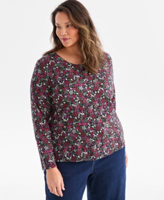 Style & Co - Plus Size Scoop-Neck Long-Sleeve Cotton Top