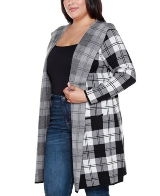 Plus Size Hooded Checkered Plaid Cardigan Sweater