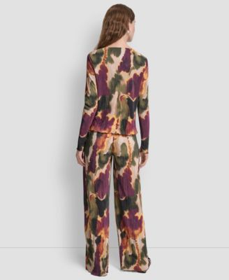 Dkny Womens Long Sleeve Printed Plisse Boat Neck Blouse Wide Leg Pants In Animal Print