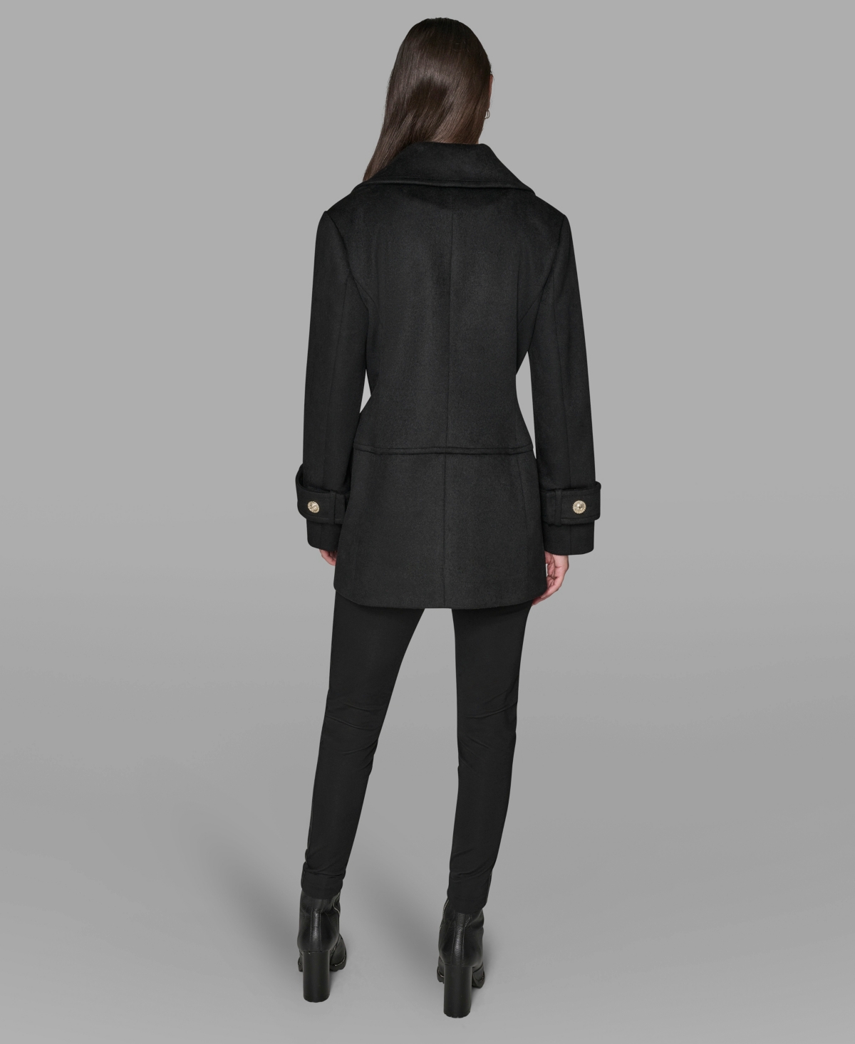 Karl Lagerfeld Paris Low Waist Double Breasted Wool Blend Peacoat In Black