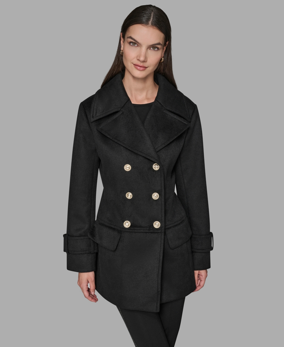 Karl Lagerfeld Paris Low Waist Double Breasted Wool Blend Peacoat In Black