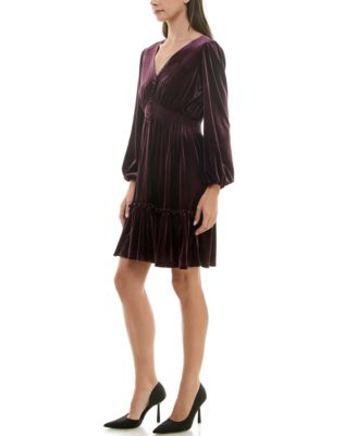 Petite V-Neck Long-Sleeve Smocked-Waist Velvet Dress