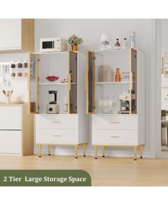 Fluted Glass Door Storage Cabinet w/Adjustable Shelves & 2 Drawers | White Contemporary Display Unit for Kitchen Pantry or Living Room Storage 