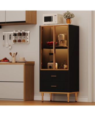 Fluted Glass Door Storage Cabinet w/Adjustable Shelves & 2 Drawers |Black Contemporary Display Unit for Kitchen Pantry or Living Room Storage 