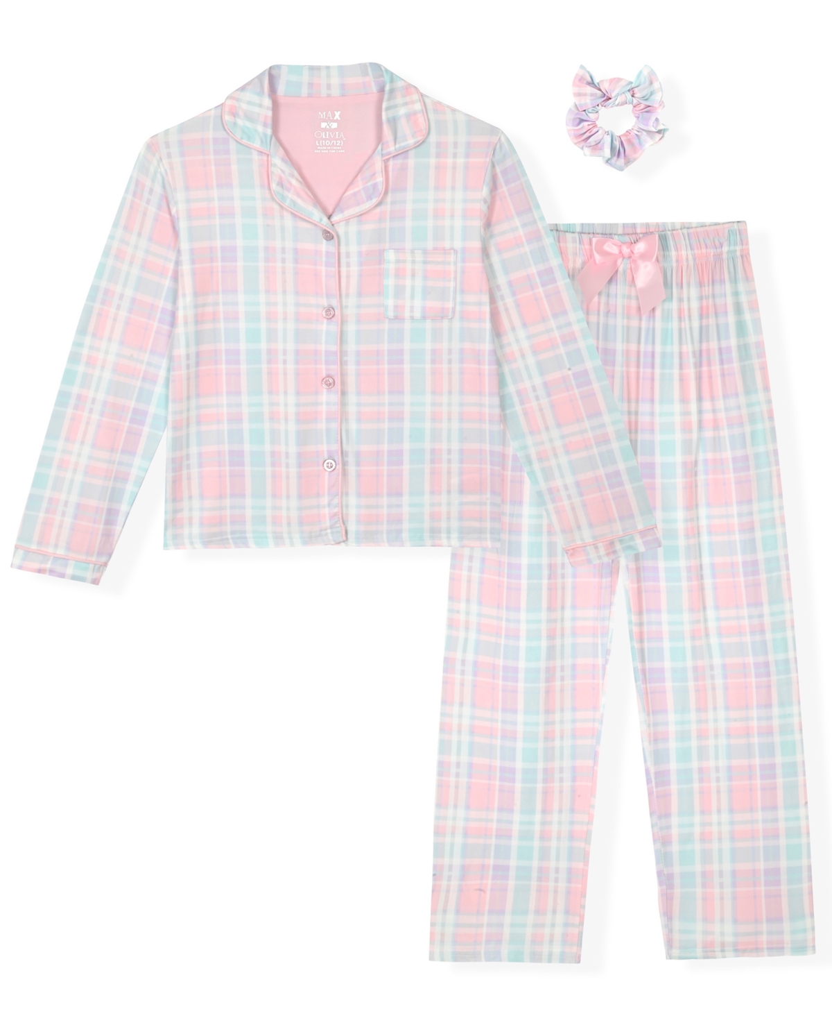 Max & Olivia Little And Big Girls 3-piece Plaid Coat, Pants And Scrunchie Pajama Set In Pink